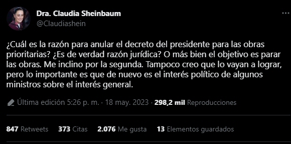 Se desorienta Madame Corcholata: cree que anular el decretazo implica parar obra del Tren Maya o Dos Bocas